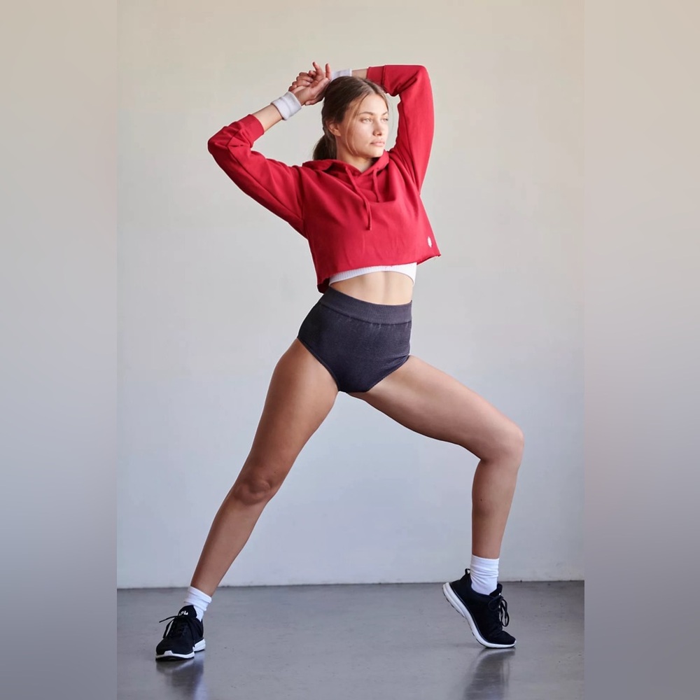 Free People FP Movement x Upcycle Red Cropped Raw Hem Hoodie Sweatshirt Size S